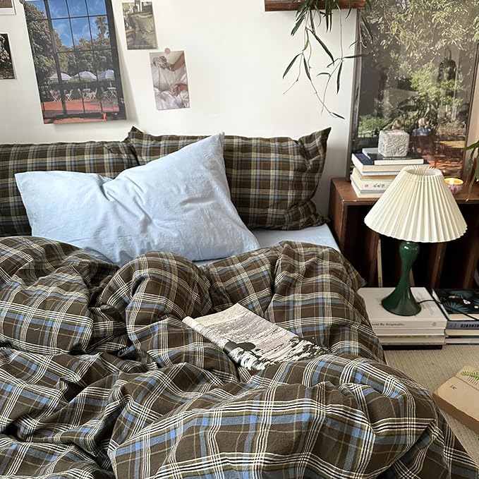 mixinni Vintage Brown & Blue Buffalo Plaid Duvet Cover Set King Size - Image 6