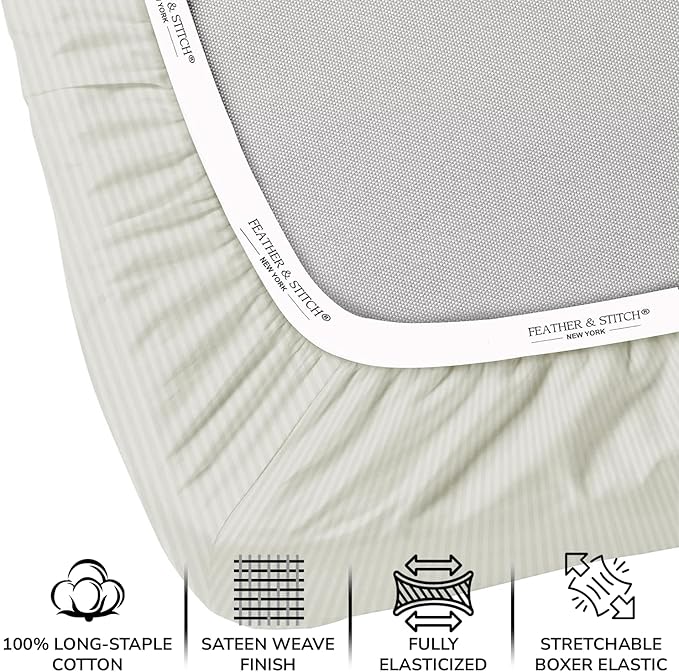 Feather & Stitch 1 Piece Fitted Sheet Queen Size, 100% Cotton Damask Sateen - Image 2