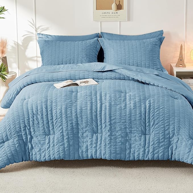 HYMOKEGE Mineral Blue Twin Comforter Set Seersucker 5 Pieces, All Season Luxury - Image 9