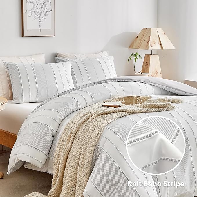 WARMDERN Light Grey Striped Weave Duvet Cover Twin Size, Microfiber Textured - Image 2