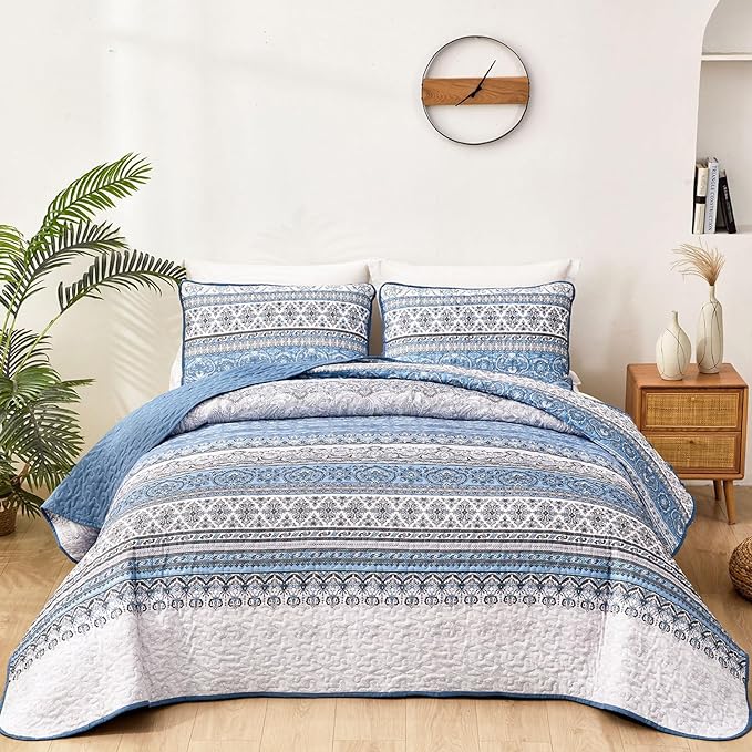WONGS BEDDING Boho King Quilt Set, Light Blue Bohemian King Quilt Bedding Set by WONGSBEDDING