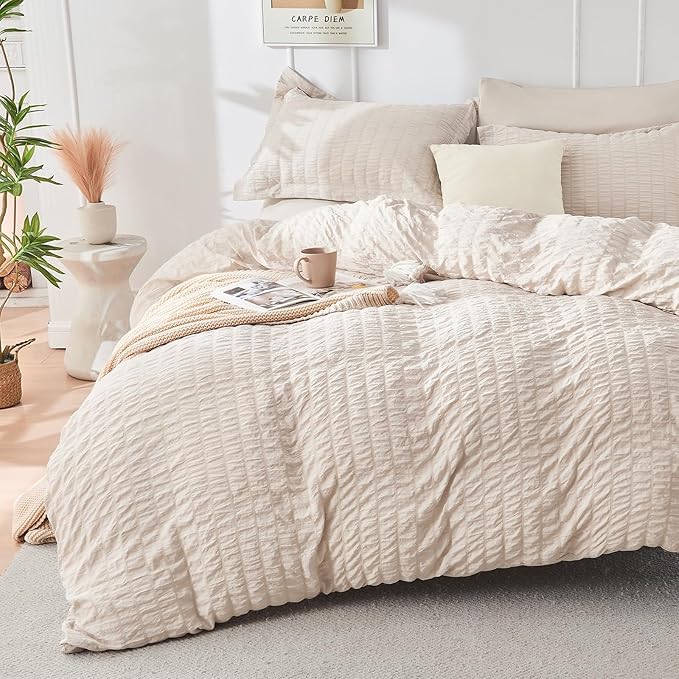 HYMOKEGE Beige California King Comforter Set Seersucker 7 Pieces, All Season - Image 3