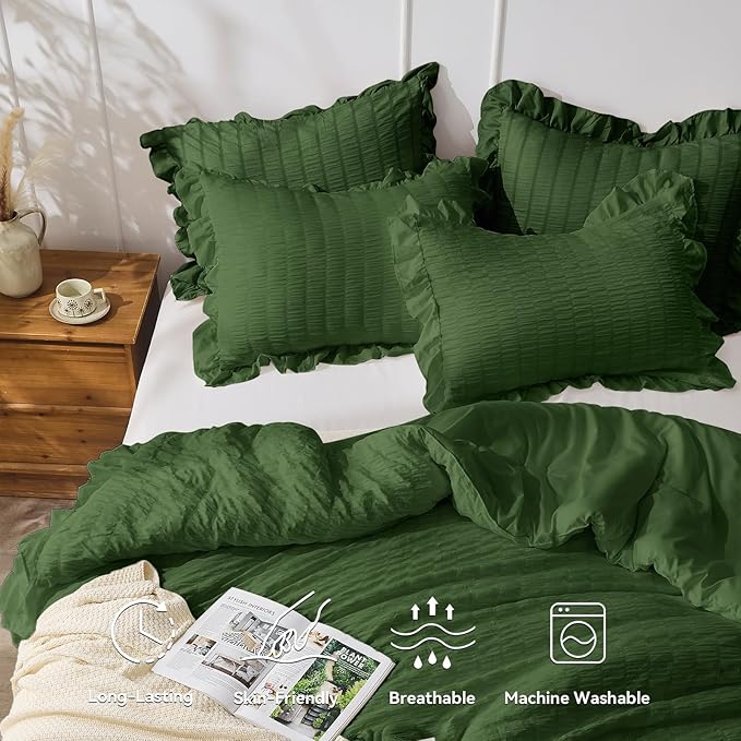 JOLLYVOGUE Dark Green Comforter Full Size, 3 Pieces Seersucker Lightweight Full - Image 3