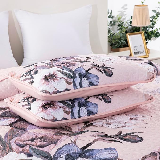 Floral Quilt Set Queen 3 Pieces Pink Floral Quilt Coverlet Set Soft Microfiber - Image 8