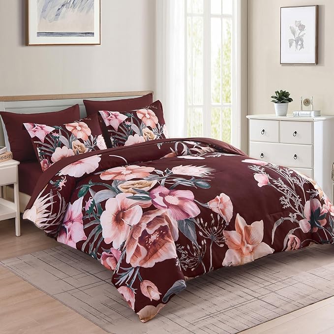 Luxudecor Burgundy Floral Comforter Set Queen Size 7 Piece, Flower Bed in a Bag - Image 2