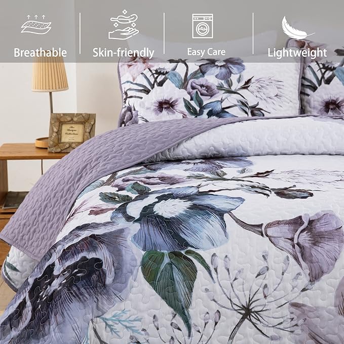 Drucon Purple Floral Quilt Set Queen Size 3 Pieces Purple Botanical Flower - Image 4
