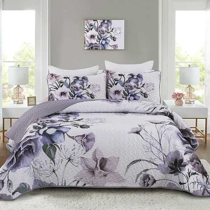 3 Pieces Floral Quilt Set Full Purple Flower Pattern Quilt Coverlet Set Soft by DRUCON