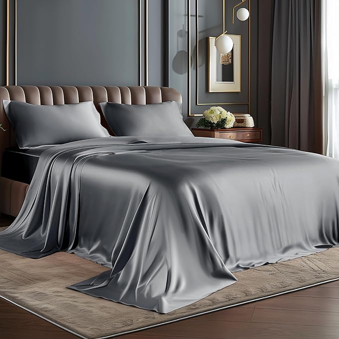 BEDELITE Satin Sheets Twin Size Bed Set, Luxury Soft Dark Grey Silky Sheets by BEDELITE
