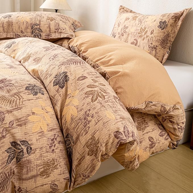 OAITE Brown Leaves Twin Size Duvet Cover-3 Pieces Prewashed Cotton-Like - Image 3