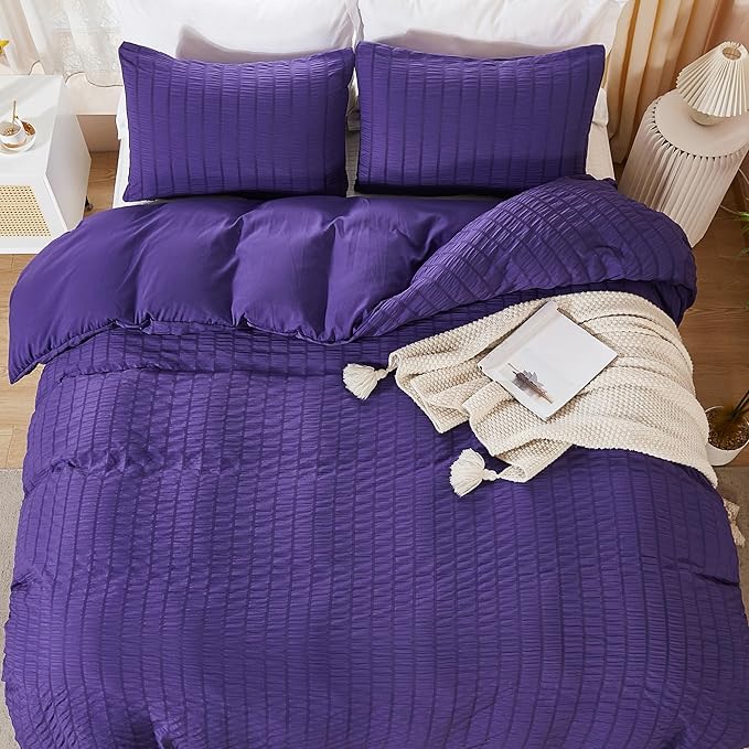 AveLom Dark Purple Duvet Cover Full, 3 Pieces, Seersucker Tripe Soft Washed - Image 7