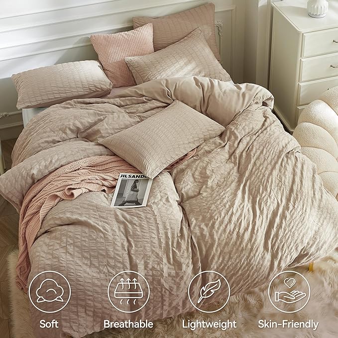 JELLYMONI Khaki Duvet Cover Cal King Size, Soft Breathable Seersucker Duvet - Image 2