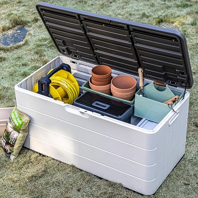 100 Gallon Plus Resin Deck Box, Waterproof Outdoor Storage Bin for Patio Furniture, Pool Accessories, and Garden Tools, Lockable & UV-Resistant, White-DeskoryOffice