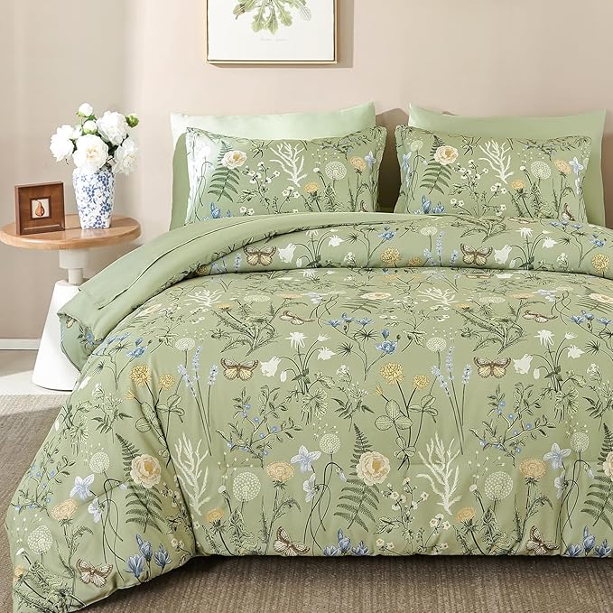 Yiran Sage Green Floral Comforter Set King Size, 7 Piece Botanical Comforter by Yiran