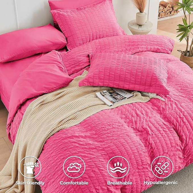 HYMOKEGE Hot Pink Twin Comforter Set Seersucker 5 Pieces, All Season Luxury Bed - Image 3