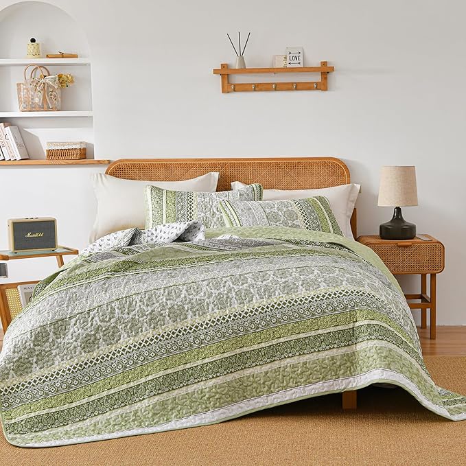 WONGS BEDDING Boho Quilt Set King Size, Sage Green Bohemian 3 Pieces Quilt Sets - Image 5