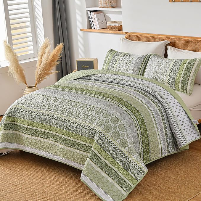 WONGS BEDDING Boho Quilt Set Queen Size, Sage Green Bohemian 3 Pieces Quilt Sets - Image 2
