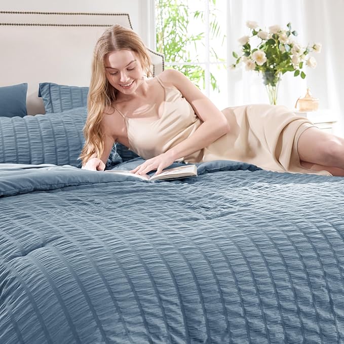 CozyLux Oversized King Comforter Set Grayish Blue Seersucker 7 Pieces 120x98 - Image 3