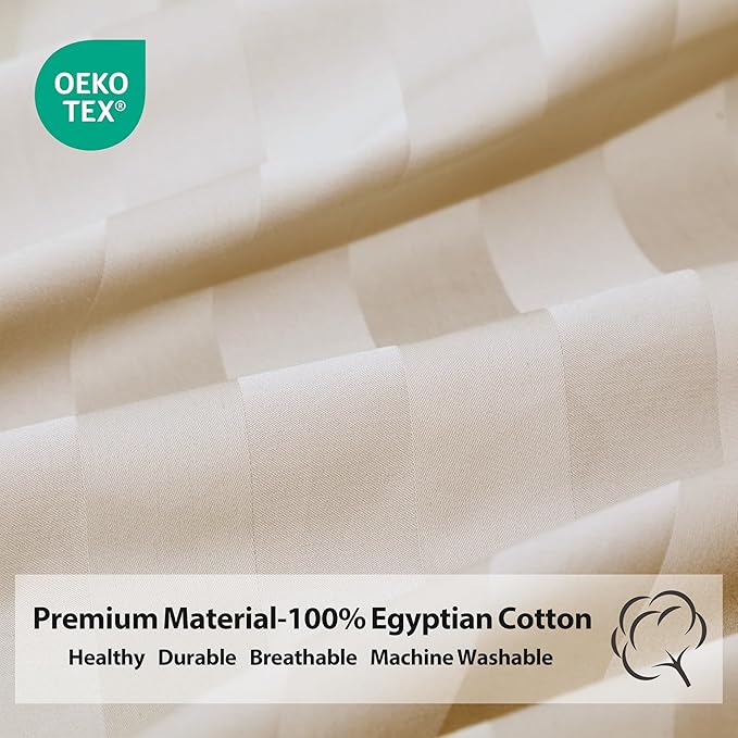 Twin Size Striped Fitted Sheet Only Beige Color, 100% Egyptian Cotton 600 - Image 4
