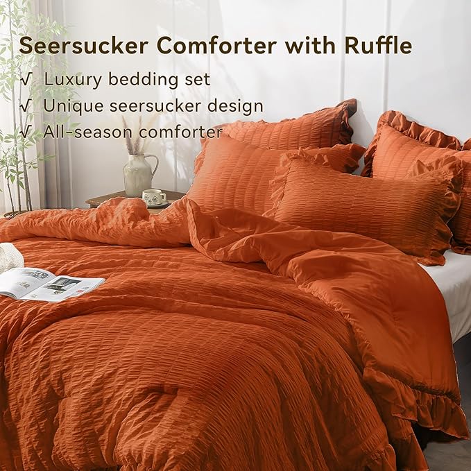 JOLLYVOGUE Burnt Orange Twin Size Comforter Set, 2 Pieces Seersucker - Image 4