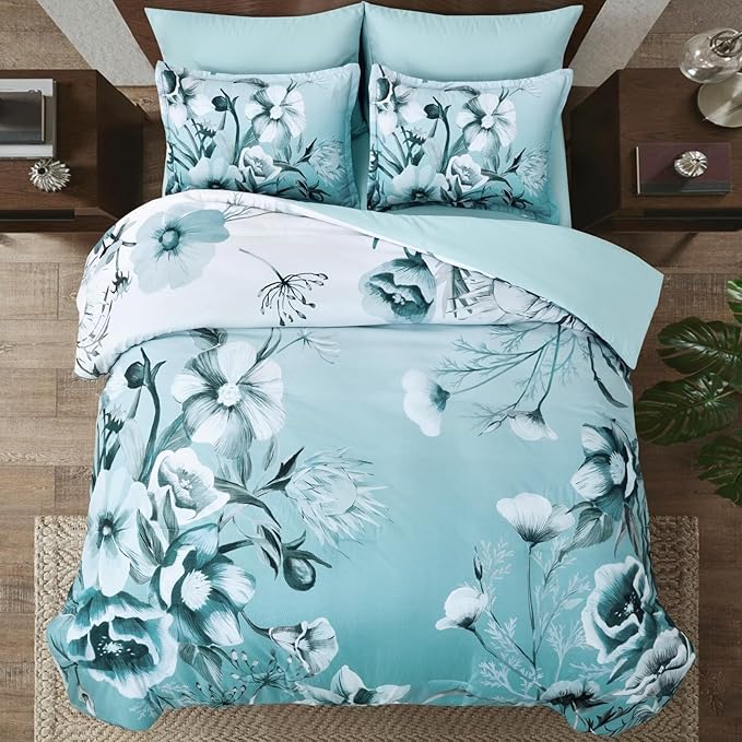 Luxudecor Floral Comforter Set King Size 7 Piece, Aqua Flower Bed in a Bag - Image 3