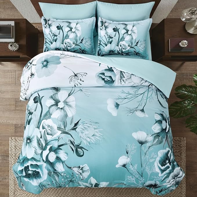 Luxudecor Floral Comforter Set Twin Size 7 Piece, Aqua Flower Bed in a Bag - Image 3
