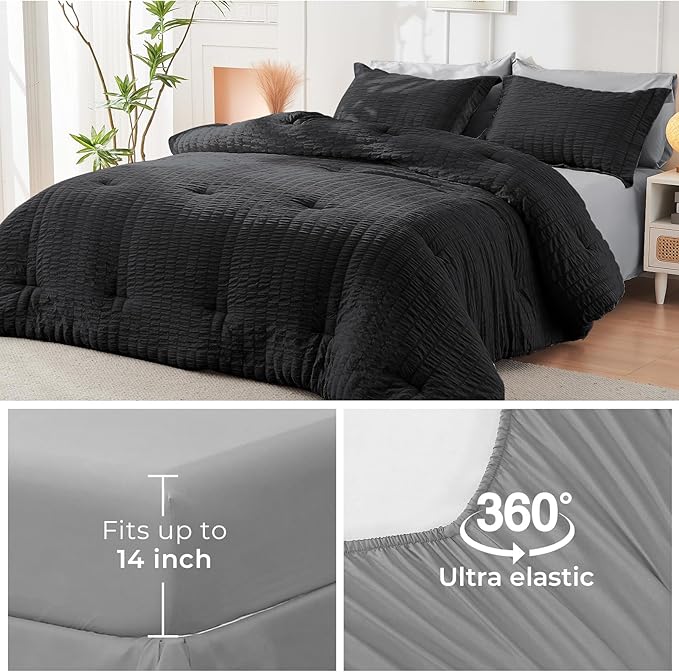 HYMOKEGE Black/Light Grey Full Size Comforter Sets Seersucker 7 Pieces - Image 6