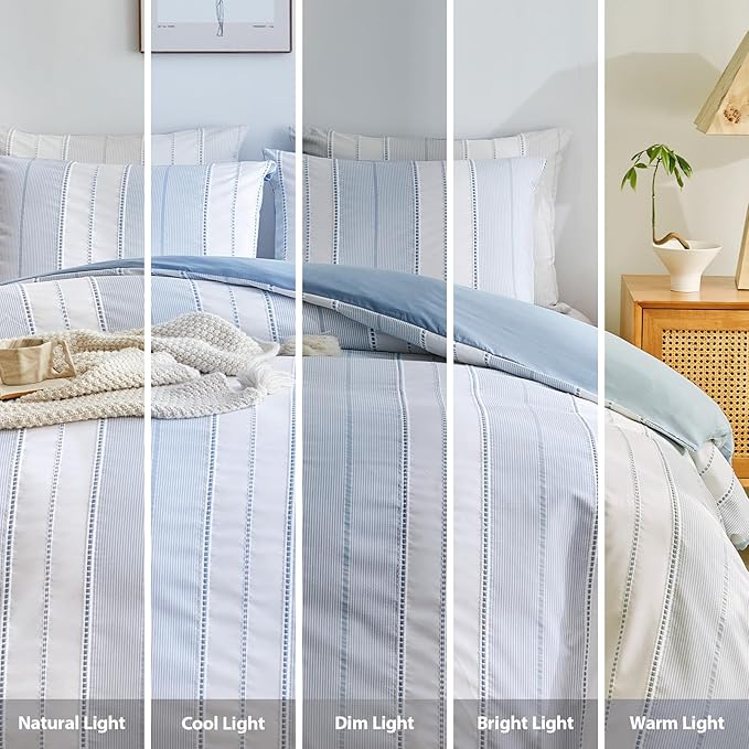 WARMDERN Blue Striped Weave Duvet Cover King Size, Microfiber Textured Bedding - Image 8