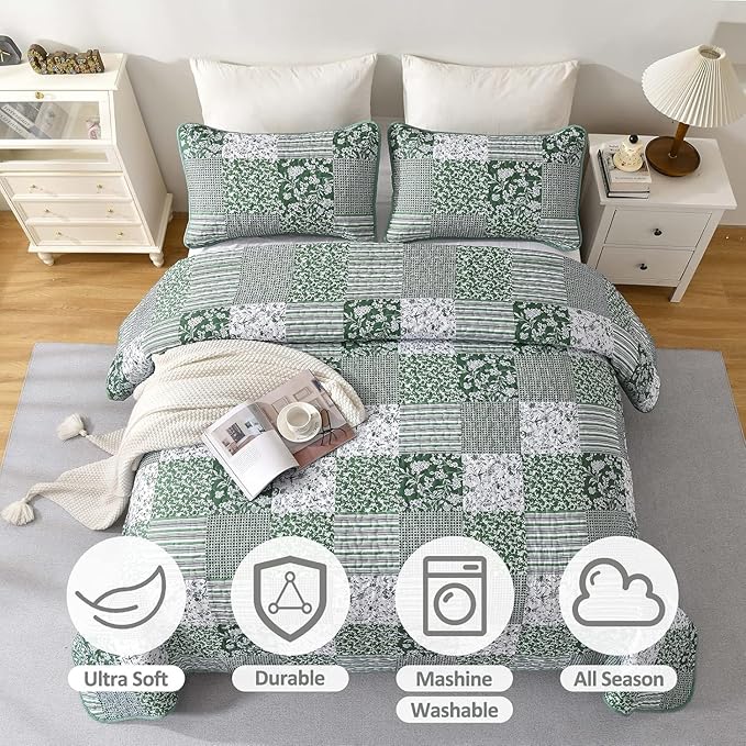 Mybedsoul Green Quilt Set Twin Size, 2 Pieces Plaid Floral Bedspread Set - Image 3