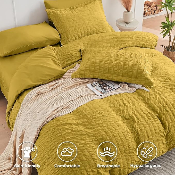 HYMOKEGE Mustard Yellow King Size Comforter Set Seersucker 7 Pieces, All Season - Image 3