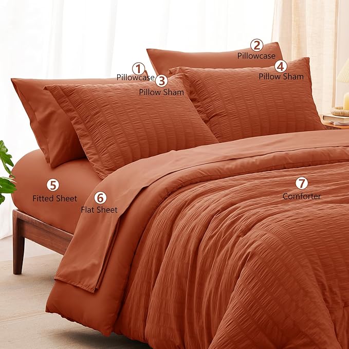 CozyLux Oversized King Comforter Set Burnt Orange Seersucker 7 Pieces 120x98 - Image 8