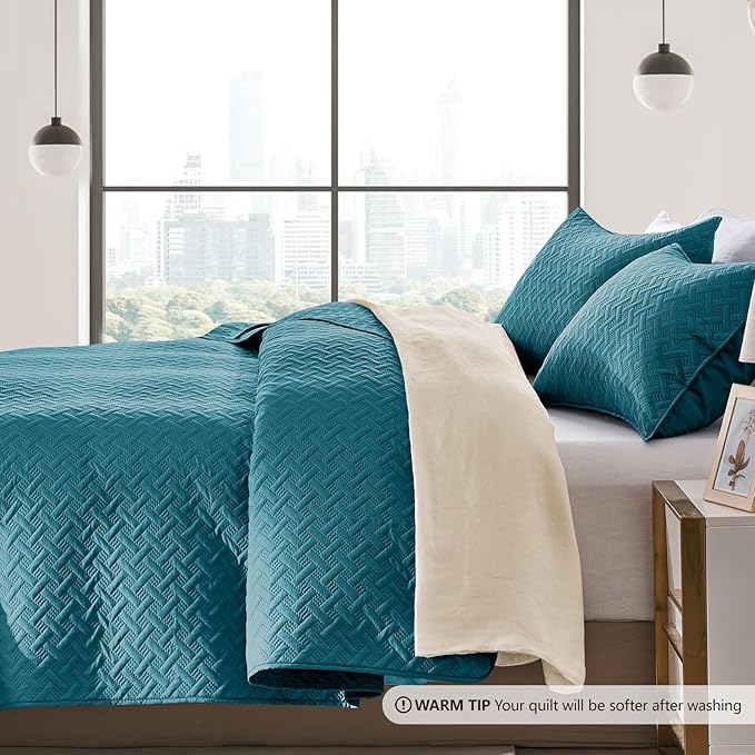 FLYMME Twin Quilt Set, Lightweight Teal Bedspreads, Basket Weave Pattern - Image 4