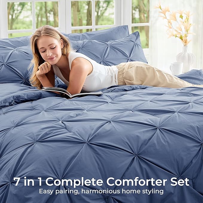Sasttie Full Size Comforter Set, 7-Piece Bed in a Bag, Pintuck Bedding Set - Image 6