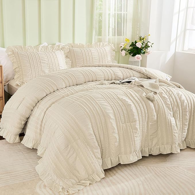 WONGS BEDDING Beige Textured Comforter Set King, 3 Pieces Ruffle Farmhouse - Image 2