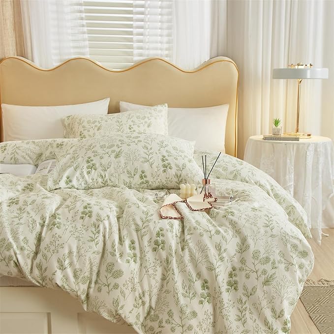 mixinni Girls Boho Green Floral Duvet Cover Set Twin Size Cotton Soft Aesthetic - Image 3