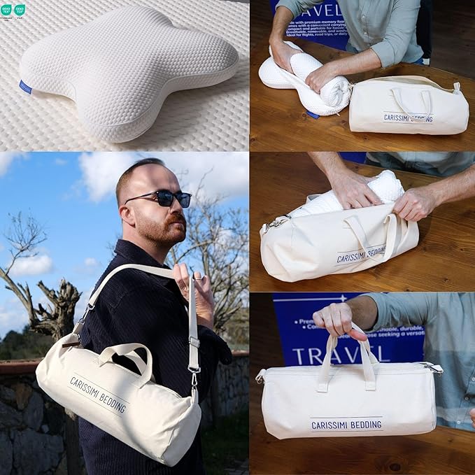 Side Sleeper Memory Foam Cervical Neck Pillow with Carry Bag and Travel Neck Pillow - Made in Europe - 1 x Dreamers Pillow + 1 x Travel Pillow + 2 x Carry Bag