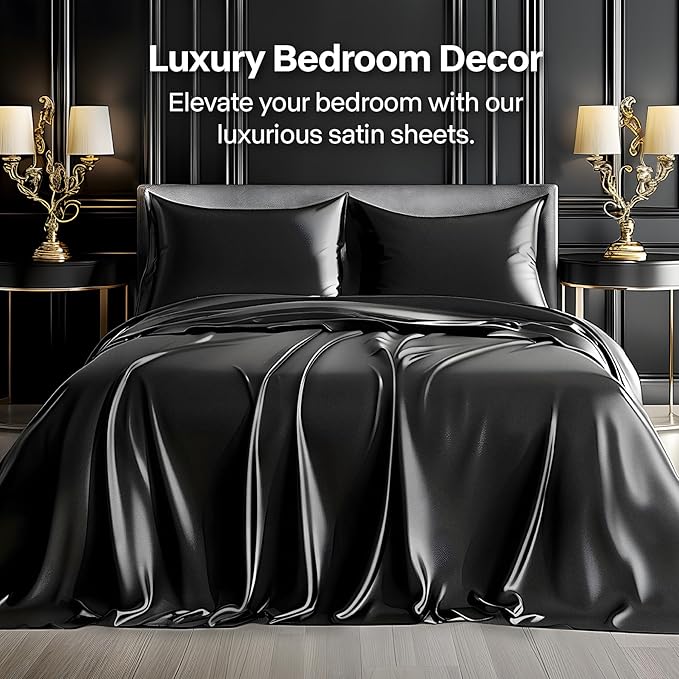 BEDELITE Satin Sheets Twin XL Size Bed Set, Luxury Soft Black Silky Sheets - Image 2