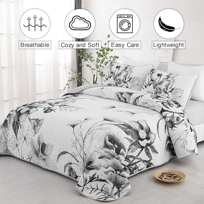 Floral Quilt Set King 3 Pieces Grey Floral Quilt Coverlet Set Soft Microfiber - Image 2