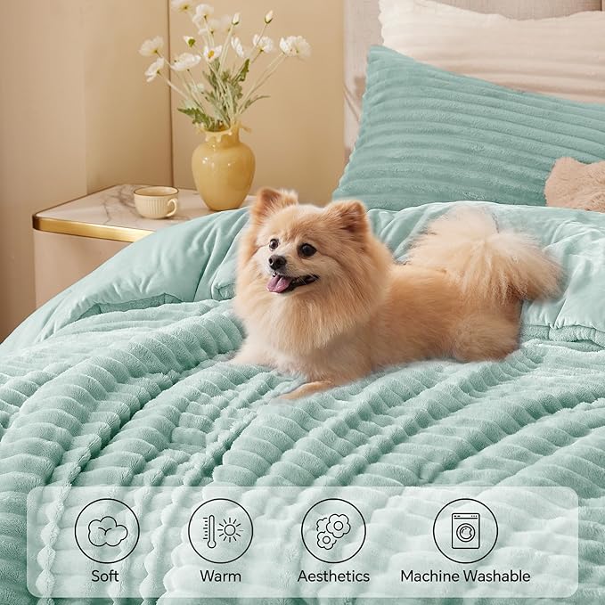 BEDELITE Fleece Twin Comforter Set -Super Soft & Warm Fluffy Light Green Bedding - Image 3