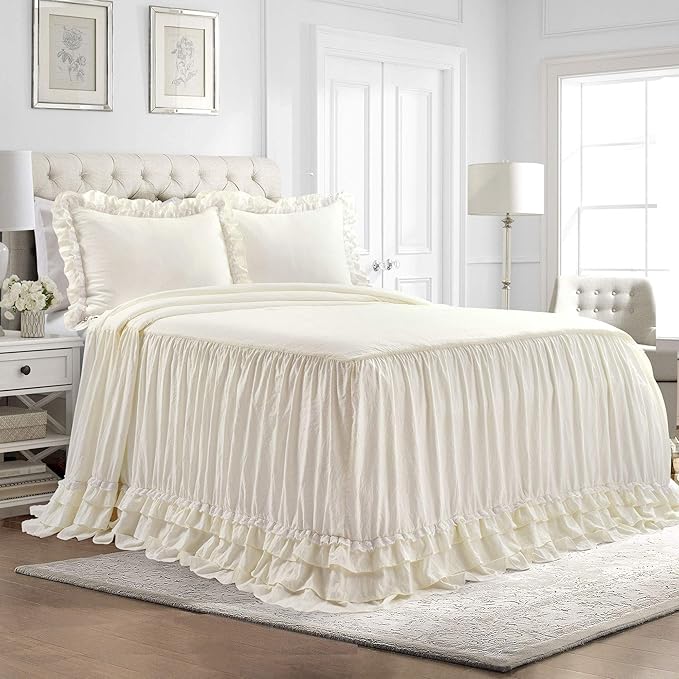 Lush Decor Ella Ruffle Lace Bedspread, 3 Piece Set, King, Ivory - Cute Bed Set - King Bedding - White Bedding - Coquette Decor - Neutral Ruffle Trim - White Lace Trim