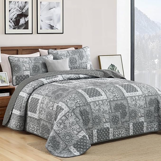 Cottolester Grey Quilt Set King Size, 3 Pieces Boho Patchwork Paisley Quilt Set - Image 2