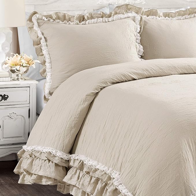 Lush Decor Ella Ruffle Lace Comforter, 3 Piece Set, King, Neutral - Cute Comforter - King Bedding Set - Beige Bedding - Coquette Decor - Beige Lace Trim - Ruffle Trim