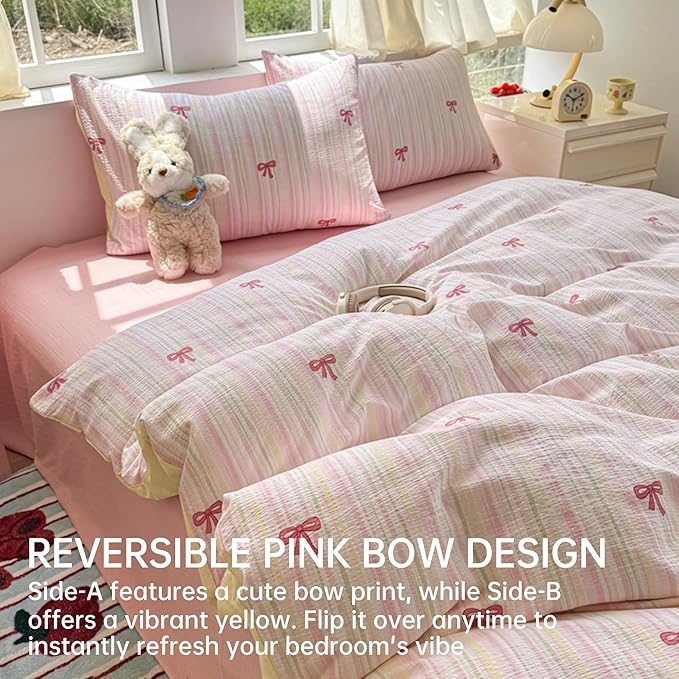 BOLINLIVING Pink Bow Duvet Cover Full Size, Girls Kids Cute Striped Bowknot - Image 2