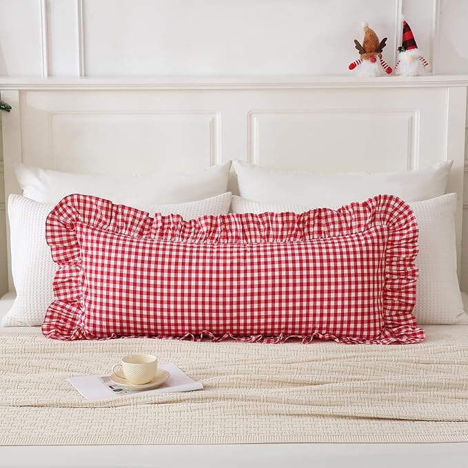 14x36 inches Red/White Plaid Ruffle Lumbar Gingham Pillow Sham 1 Piece - Image 2