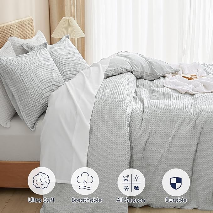 PHF Waffle Weave Duvet Cover Set King Size, No Snagging Ultra Soft Luxury - Image 4