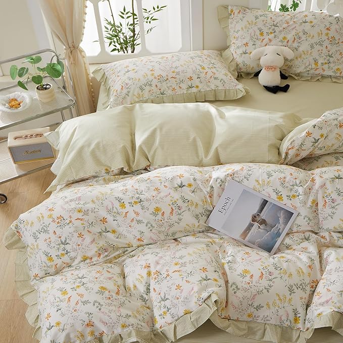 mixinni 100% Cotton Duvet Cover Set King, Reversible Spring Floral Ruffle Green - Image 5