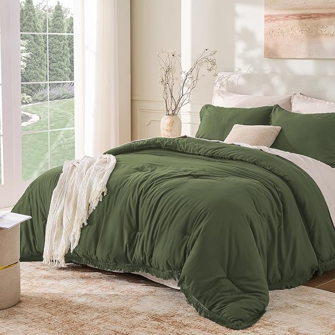 Andency Comforter Set Oversized King Olive Green 120x120, 3 Pieces Boho Fall by Andency