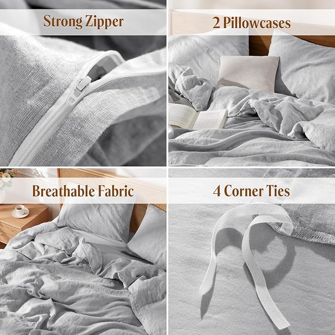 LBRO2M 100% France Linen Duvet Cover Set Queen Size 3 Pcs Natural Flax - Image 5