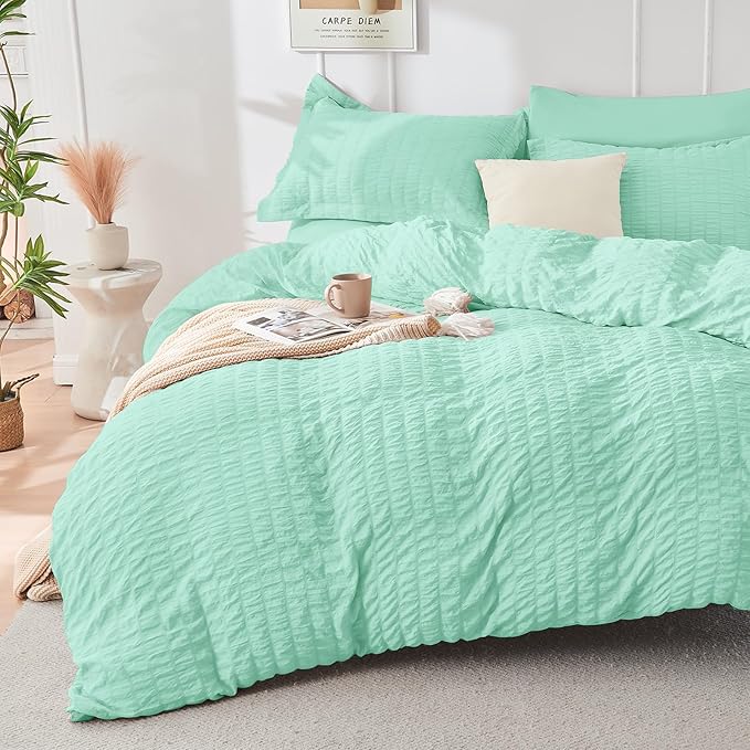 HYMOKEGE Mint Green Queen Comforter Set Seersucker 7 Pieces, All Season Luxury - Image 2