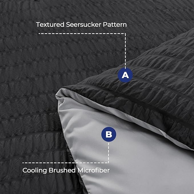 HYMOKEGE Black/Light Grey California King Comforter Set Seersucker 7 Pieces - Image 4