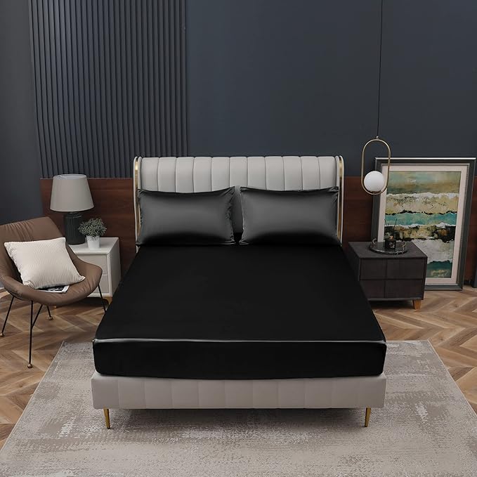 Homiest Black Satin Fitted Sheet Queen Size, Deep Pocket, Luxury & Ultra Soft - Image 2